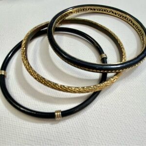 Three Gold and Black Bangle Stackable Bracelets